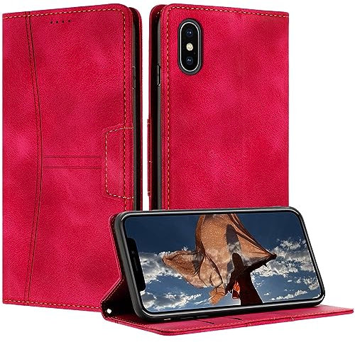 Radoo Kompatible iPhone XS Max Hülle, Faltbare PU Premium Leder Flip Handyhülle mit Kartensteckplatzständer Magnetverschluss Stoßfeste Lederhülle (Rot)
