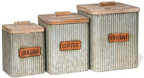 Red Co. Set of 3 Pre-Labeled Sugar, Coffee & Flour Distressed Metal Storage Canister Jars with Wooden Lids