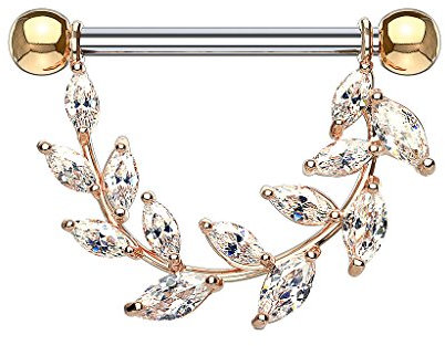 Taffstyle Piercing Schmuck Brustwarzenpiercing Brustwarze Intimpiercing Brust Nippel Intim Ohr Ohrpiercing Barbell gerade Hantel Stab mit Glitzer Kristall Anhänger Filigran Blatt Rosegold