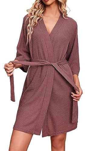 Ekouaer Bademäntel für Damen Waffelstrick Morgenmantel Lässig Robe Hochzeit weich leicht knielang Loungewear Rosiges Braun L