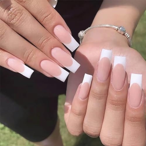 French Press on Nails Lang Square 24PCS French Nails Matte Nude White Französischer Nägel zum Aufkleben, Glue on künstliche Nägel für Nail Art Maniküre Dekoration, Frauen & Mädchen