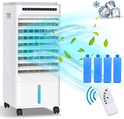 Enfriador de Aire portátil, purificador de Ventilador de Aire Acondicionado móvil, humidificador con Ruedas y Tanque de Agua Doble de 5 litros, 3 Modos, 3 velocidades, Control Remoto