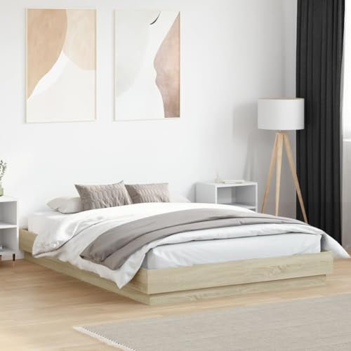 Faroom Holzbett Futonbett Bett 160x200 cm mit LED-Beleuchtung Bettrahmen Holzwerkstoff Einzelbett Doppelbett Bettgestell Sonoma-Eiche