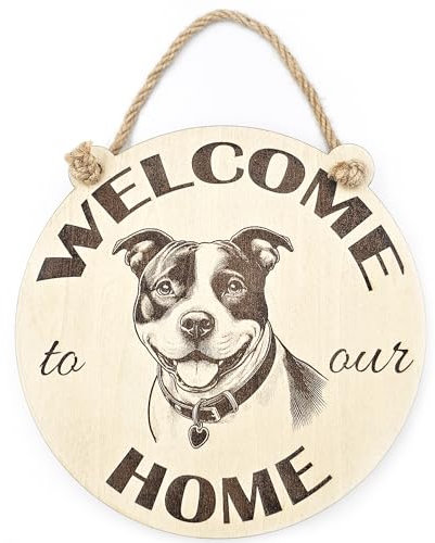 Welcome to our Home Staffy Sign Hanging Wall or Wooden Door Plaque Porch or Entryway Decor Gift For Staffordshire Bull Terrier owners, Medium Sized Engraved Guest Handmade Sign