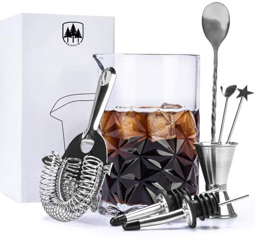 Cocktail Mixing Glass, Raisaplin 8PCS Old Fashioned Cocktail Making Barware Kit - 24oz/ 700ml Glass Mixer, Stainless Steel Strainer, Dual Sided Jigger, Mixing Bar Spoon, 2X Fruit Picks, 2X Pourers