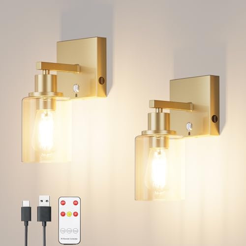 Klighten 6000mAh Kabellos Akku Wandleuchte mit Fernbedienung,2PCS Aufladbare Wandleuchte,Batterie Wandleuchten Innen mit Glasschirm,Wandlampe akku 3000K Warmweiß,für Wohnzimmer Mit Glühbirne,Gold