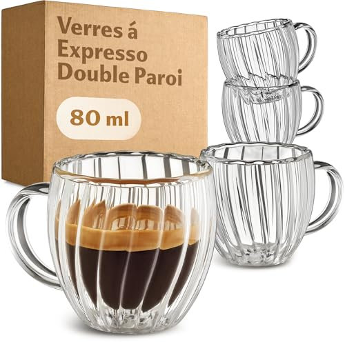 Cosumy Tazas de Espresso Doble Pared de Cristal con Asa – 4 Vasos de 80ml – Aislamiento Térmico & Resistencia al Calor – Aptas para Lavavajillas – Diseño Estriado