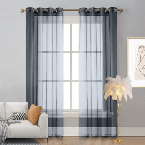 LIUNADM Gardine Halbtransparent mit Ösen 270 x 80 cm Größe Und Farbe Wählbar Himmelbett Vorhänge Baby Querbehang für Wohnzimmer Landhaus Kleine Fenster, Grau