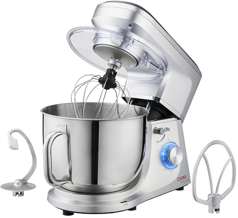 Cooks Professional Stand Mixer 1200W with 6 Speeds & Pulse Function, 7L Stainless Steel Mixing Bowl, Splash Guard, Whisk, Beater & Dough Hook | Electric Kitchen Mixer for Cakes, Bread, Baking | Silver