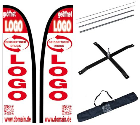 Beachflag 246 cm beidseitiger Druck, Gestänge, Kreuzfuß mit Rotator, Profi Tasche, Gestaltung