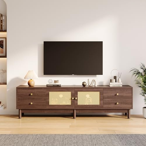 Merax TV Board TV-Schrank, Lowboard Fernsehtisch mit zwei Rattantüren, vier Schubladen, TV-ständer für Fernseher bis zu 80 Zoll, Landhausstil Sideboard, 180cm, TV Möbel für Wohnzimmer Esszimmer, Braun