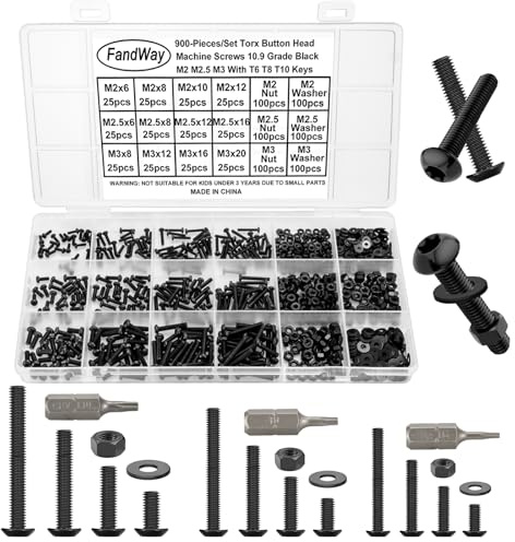FandWay 900 Stk M2 M2.5 M3 Torx Schrauben Linsenkopfschrauben mit Torx Gewindeschrauben Set Rundkopfschrauben Schwarz 10.9 Legierter Stahl Maschinenschrauben Muttern und Unterlegscheiben Sortiment.