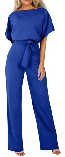 HOOUDO Jumpsuit for Women UK Elegant Wedding Summer Short Sleeve Playsuits Ladies Plain Casual Wide Leg Pant Belted Romper Formal Wedding Overalls Baggy One Piece Outfits Dungarees My Orders UK Blue