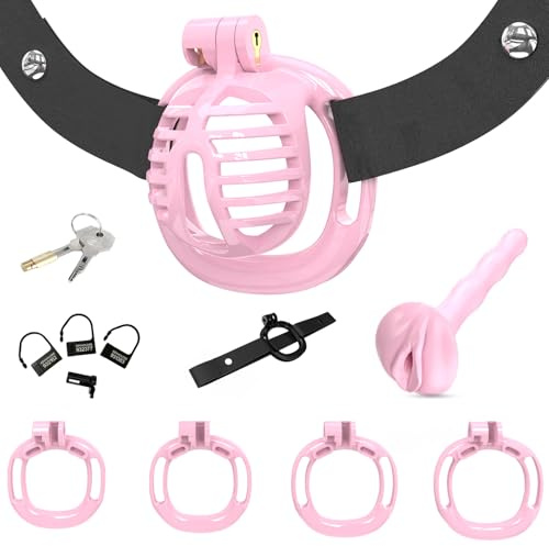 FLYSL Cages de Chasteté avec Plug Uretre,Ceintures de Chasteté,Cage de Chasteté Pénis avec 4 Anneaux,Toys Cage Chastete Fetish (Pink)