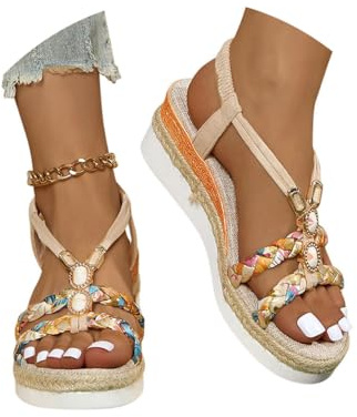 Minetom Sandales Compensées Femme Été Boho Confortable Bout Ouvert Plateforme Chaussures à Talon Compensé A2 Beige 41 EU