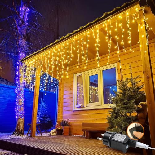 da LIGHT Eisregen Lichterkette Aussen, 400er LED 10m Beleuchtung + 5m Zuleitung, 8 Modi mit Timer & Memory Funktion, IP44 Wasserdicht Warmweiß 2500K für Innen & Außen Weihnachtsbeleuchtung