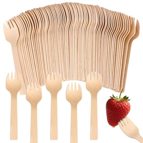 WYOMER 150 Pack 4 Mini Wooden Sporks Disposable Biodegradable Compostable Birchwood Utensils, for Party Supplies, Camping, Wedding Favors, Picnics