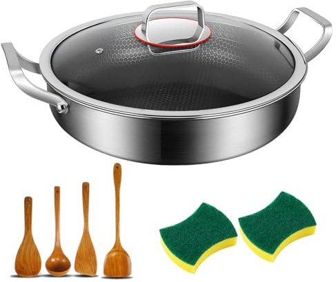 Poêle à frire antiadhésive en acier inoxydable avec couvercle, poêle à frire profonde, wok et poêles à sauter, 7 plis, hybride, chauffage rapide, uniforme compatible avec toutes les plaques de cuisson