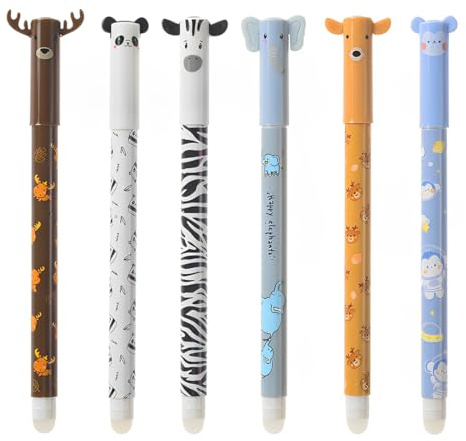 KEMUZ 6 Stück Radierbare Stifte,Gelstifte Radierbar,Radierstift, Verschiedene Tintenfarben Und Schaftdesigns, 0.5 Mm Spitze(Elch, Panda, Zebra, Elefant, Sikahirsch, Affe)