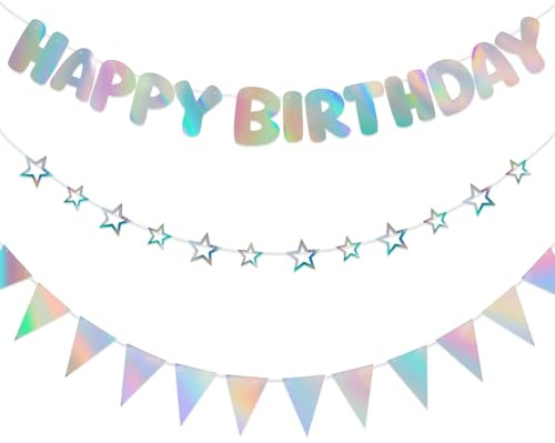 Dmnnlp 3 Pcs Iridescent Happy Birthday Banner, Star Garland and Pennant Banner Flags, Iridescent Bunting Party Decorations for Birthday Mermaid Theme Shiny Foil Garland Backdrop Party Supplies