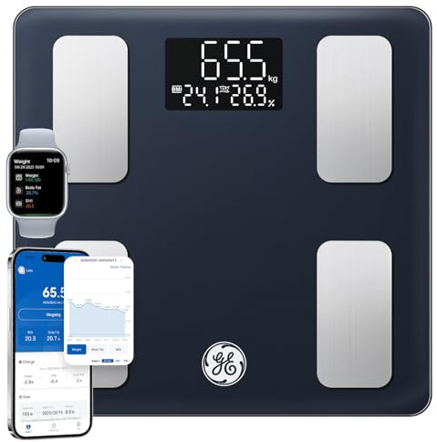 GE Báscula de Baño Inteligente IMC, Bluetooth Bascula Grasa Corporal y Muscular Smart 13 Analizador de Composición Corporal Alta Precisión 180 kg