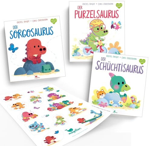 Rachel Bright Bücher 3er Set – Sorgosaurus, Purzelsaurus & Schüchtisaurus – Dinosaurier Kinderbuch-Reihe mit Emotionen – Liebevoll illustrierte Geschichten zum Vorlesen mit exklusiven Stickern