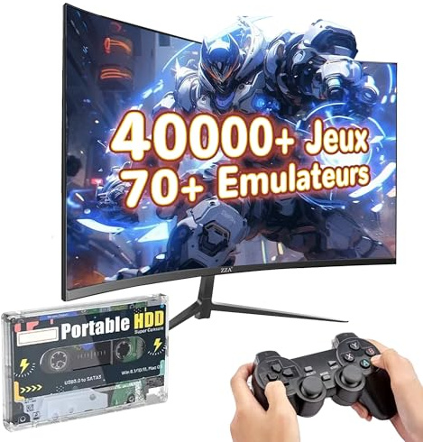 320 Go Disque dur externe portable,lecteur rétro,40000+ jeux,70+ émulateurs,disque dur de jeux,console de jeux rétro Batocera 38 pour ordinateur portable/PC/Windows,Plug&Play,26langues (sans manette)