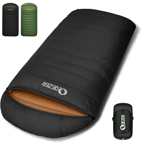QEZER XXL Daunenschlafsack 3-4 Jahreszeiten extra großer Schlafsack 230cm x100cm, leicht und warm Daunen Schlafsack geeignet für Erwachsene im Freien Camping, Wandern und Rucksackreisen (Schwarz -3°C)