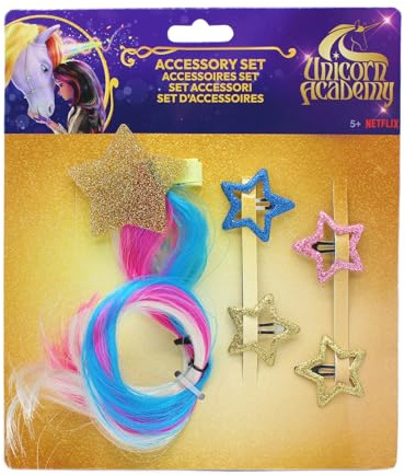 Joy Toy - Unicorn Academy Sterne Set: Haarclip mit Bunten Haaren und 4 Glitzer Haarclips (5 Teile)