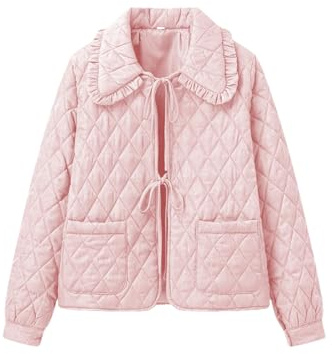 Vimida Women's Quilted Lightweight Jackets Long Sleeve Winter Cropped Cotton Padded Coat Jacket Bow Tie Puffy Outwear(Pink-L)
