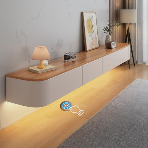 HYANXUE Mobile porta TV galleggiante, montaggio a parete, ripiani TV con porta, console multimediale TV, grande mobile portaoggetti sotto la TV (legno + LED, 240 cm)