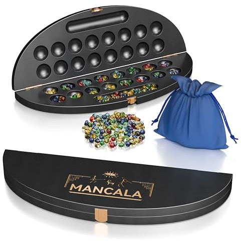 Kalaha - hochwertiges Steinchenspiel für 2 Personen, Luxus-Mancala-Set: Echtholz-Scharnierbrett, faltbares Design für 2-Spieler-Strategiespiel (Schwarz)