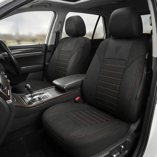 AUTOYOUTH Front Car Seat Covers Universal Car Seat Cover | Universal Car Seat Covers, Padded Fabric, Airbag Compatible, Red Stitching, Black