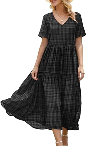 YESNO Women's Summer Maxi Dresses Casual Floral Short Sleeve V Neck Boho Beach Vacation Swing Dress with Pockets L EVFUK Black