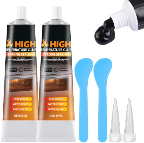 2 Pcs Heat Resistant Glue,Black Heat Resistant Silicone with Nozzles & Scrapers,Waterproof and Strong Adhesion for Sealing Glass Cooktops Stoves Fireplaces Microwave Ovens