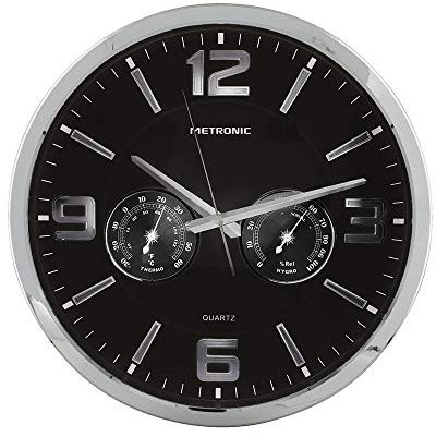Metronic 477326 Orologio al quarzo da parete con igrometro e termometro Celsius, diametro 35cm, Nero