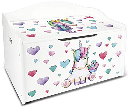 Leomark Kinderbank Hölzerne - Einhorn XL - Kindertruhenbank, Behälter für Spielzeug, Truhe für Kinderzimmer, Kindermöbel, Sitzbank, Höhe: 46 cm