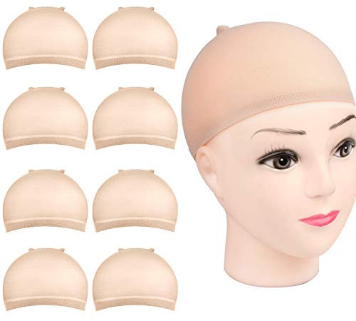 Wig Cap, MORGLES 8pcs Stretchy Nylon Caps to Hold Wig in Place with Elastics Bands, Beige