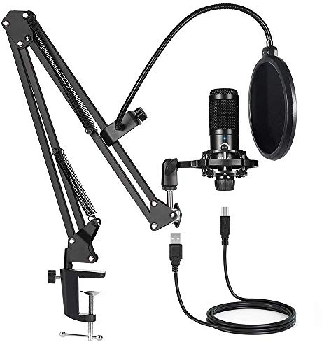USB Condenser Microphone Bundle Kit,192KHZ/24BIT Professional Cardioid Computer Mic with Adjustable Scissor Arm Stand Shock Mount and Gain Knob for Recording, for Podcasting, Gaming, YouTube (Black)