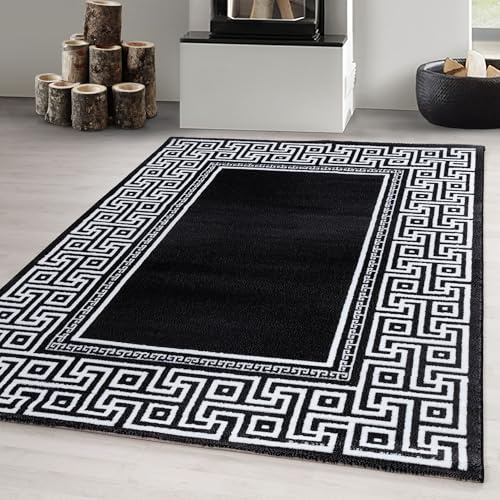 Carpetsale24 Teppich Wohnzimmer 120x170 cm Schwarz Modern Mäander Design Kurzflor Schlafzimmer Esszimmer Küche Jugendzimmer Waschbar Pflegeleicht Extra Weich