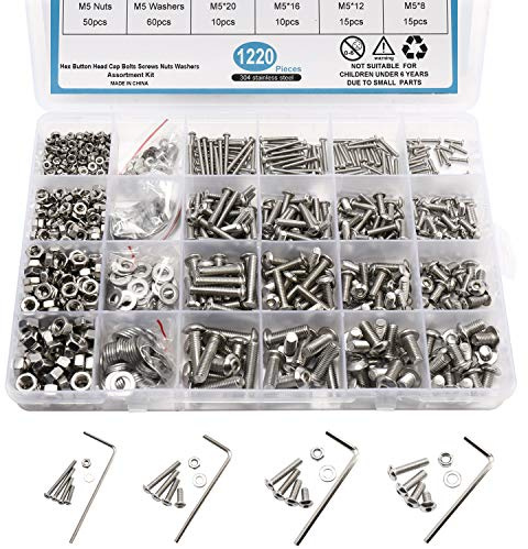 Homtone 1220 Stück M2 M3 M4 M5 aus 304 Edelstahl, Sechskantkopf, Sockel, Kopf, Bolzen, Muttern, Unterlegscheiben, verschiedene Größen, mit 4 Sechskantschlüssel (Knopfkopf)