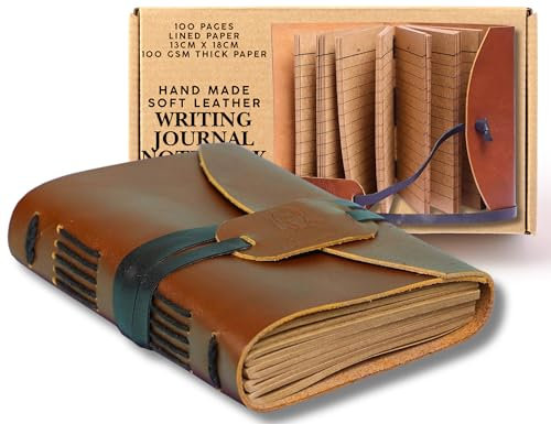 Gifts for Men & Journals for Women: Handmade Genuine Water Buffalo Leather Note Book with Hand-Stitched Coptic Binding, 200 Pages of Lined Parchment Paper, Premium Writing Journal