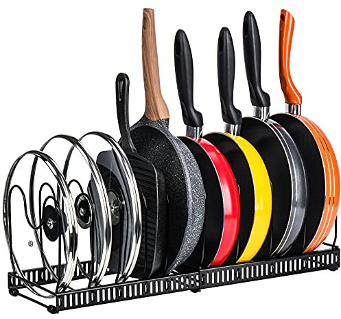 Toplife Porta pentole Supporto in acciaio inox per cucina con 10 scomparti regolabili, perfetto per utensili da cucina, pentole, coperchi (nero)