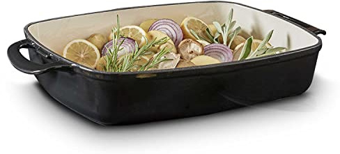 MEISTERKOCH Bräter aus Gusseisen in Schwarz/Creme, 44,5 x 27 cm, 5 Liter Volumen, Induktion, spülmaschinengeeignet, handliche Griffe, auch für Elektroherd, Glaskeramik-Herd und Gasherd