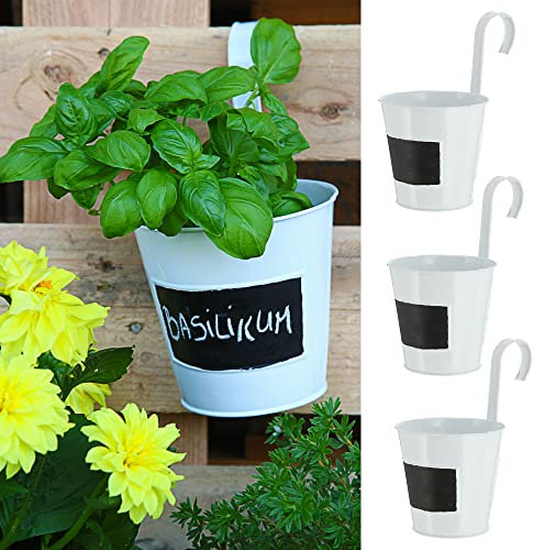 Cepewa Übertopf 3/6er Set | weiß Ø15cm H5cm | Kräutertopf zum Aufhängen und Beschriften | Blumentopf Blechtopf Topf Hängetopf (1x 3er Set Pflanztopf mit Tafel)