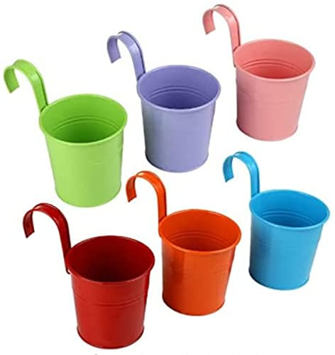 NTSS 6er-Set Bunt Hängende Blumentöpfe Metall Blumentöpfe zum Aufhängen, Hängetopf mit Abnehmbarem Haken & ohne Ablaufloch, Hängend Blumentopf für Balkon, Zaun, Garten, Wand