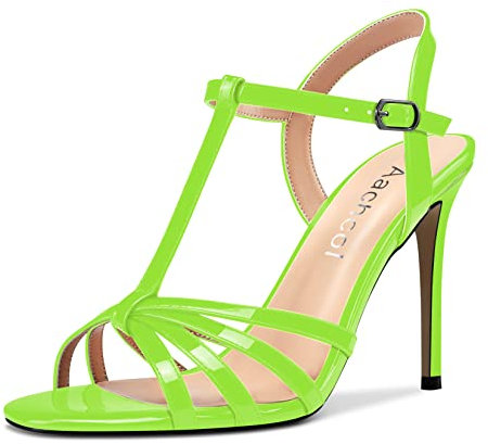 Aachcol Donna T-strap Sandali Spillo Alto High Tacco Heel Aperte sulla Punta Slingback Cinturino alla Caviglia Scarpe 10 CM Verde lime Verniciata 40 EU