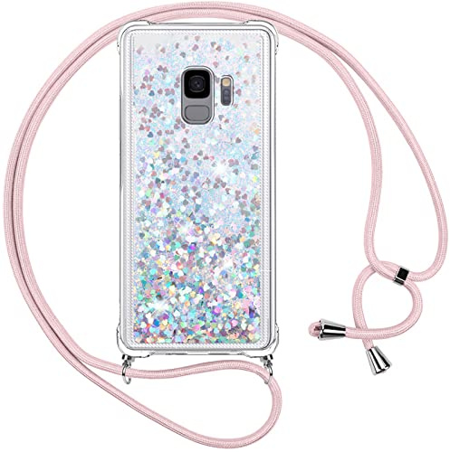 Vauki handyband für Samsung Galaxy S9 Hülle mit Band,Silikon Durchsichtig Transparent Flüssig Glitzer mit Kette Kordel Bumper Treibsand Necklace TPU Schutzhülle Case für Samsung S9