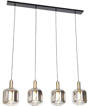 Qazqa Smart Esstisch led Design Pendelleuchte, Pendellampe - Zuzanna - Schwarz mit Rauchglas, 2700K - 6500K, dimmbar, 4-flammig, 120cm, Ideal als Esszimmerlampe, Küche lampe, Wohnzimmerlampe