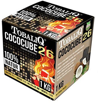 h2i 1 KG Premium Kohle | Naturkohle Kokosnuss und BBQ | Hochwertige Kokos Coal Briketts für Grill - Würfel Kohle | Grillkohle mit Langer Brenndauer | 1 KG - 72 Würfel